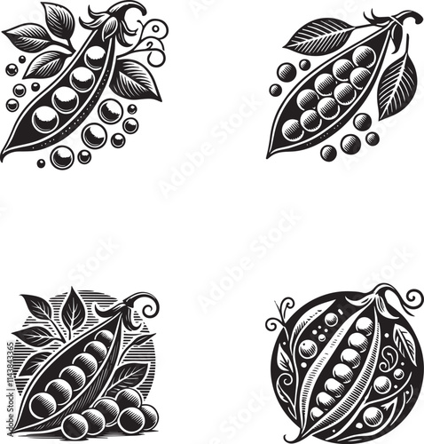 "Artistic Pea Silhouettes Collection - Intricate Black and White Vector Designs"