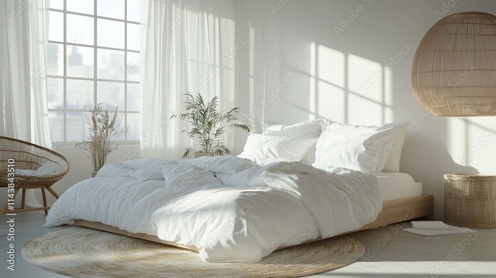 A Cozy and Clean Bedroom with Bright Light and White Bedding A Cozy and Clean Bedroom with Bright Light and White Bedding