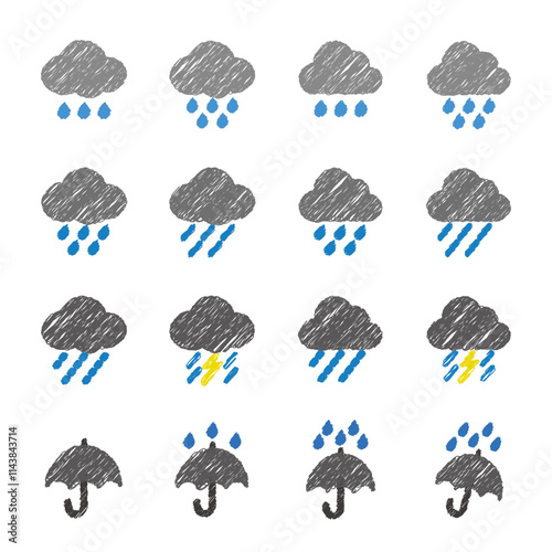 雨のアイコン　天気記号　手描き風