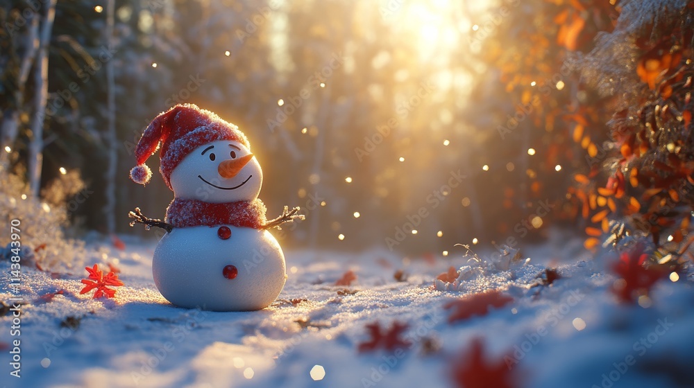 Obraz premium Cheerful Snowman With Red Hat Scarf in Sunny Snowy Landscape During Christmas Season