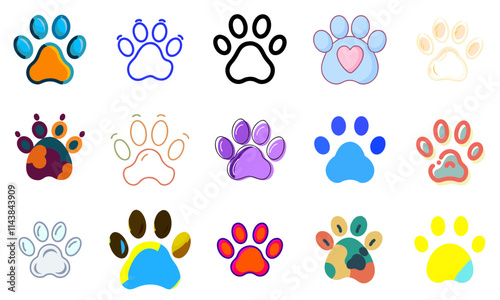 Puppy paw print icons collection, colorful style, various designs, for pet lovers