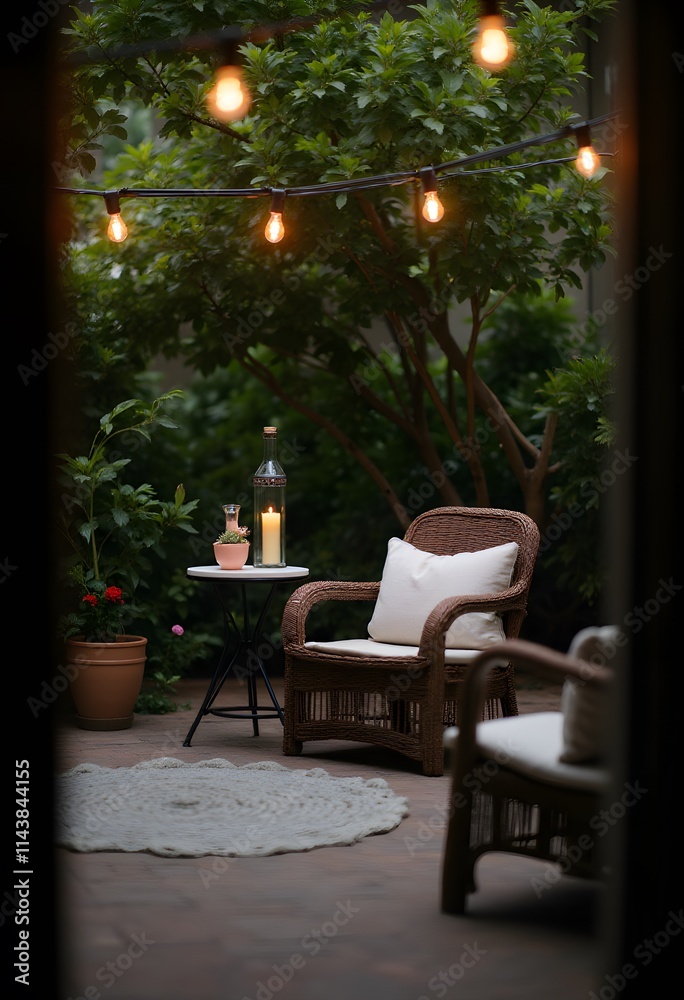 Cozy Patio at Night String Lights Wicker Chairs Tranquil Garden Cozy Patio at Night String Lights Wicker Chairs Tranquil Garden