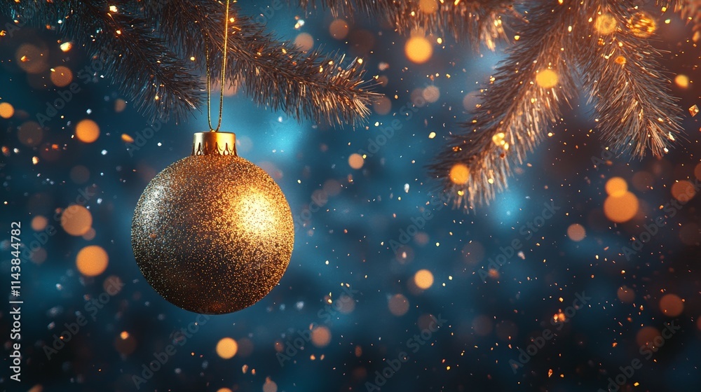 A Golden Glittering Christmas Ornament Hanging on a Decorated Tree With Sparkling Lights in a Warm Festive Setting