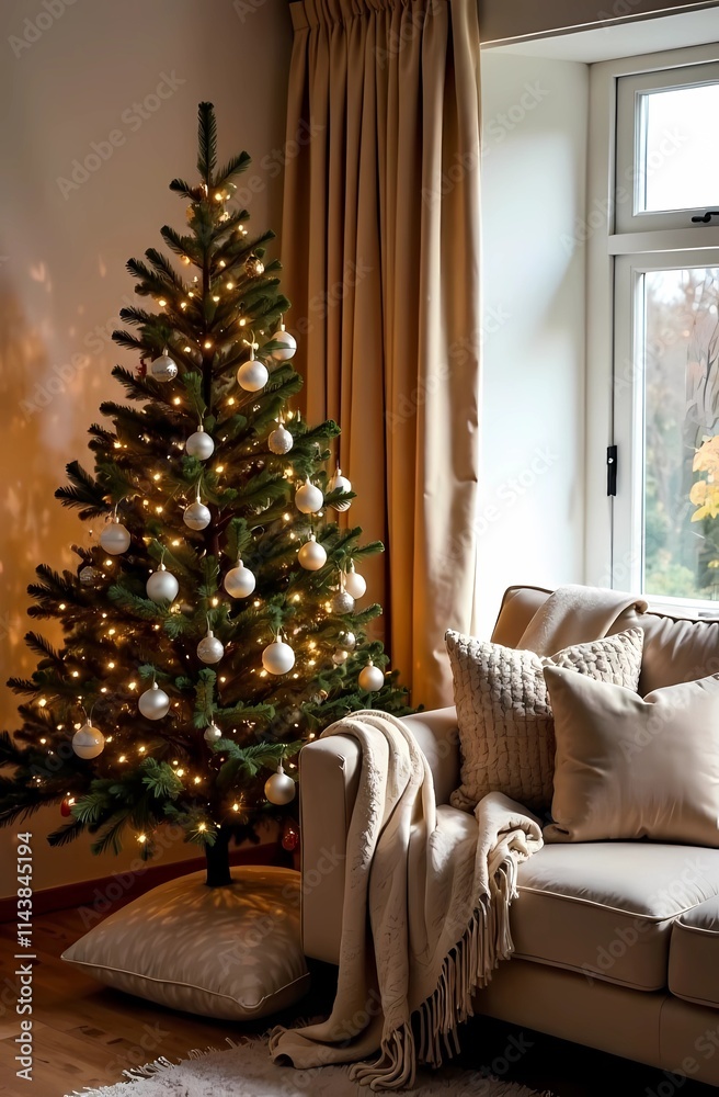 Christmas tree in living room, beige and brown color palette. Color 2025 Mocha mousse Christmas tree in living room, beige and brown color palette. Color 2025 Mocha mousse