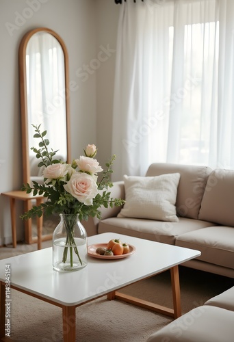Cozy Living Room Interior with Flowers and Fruit