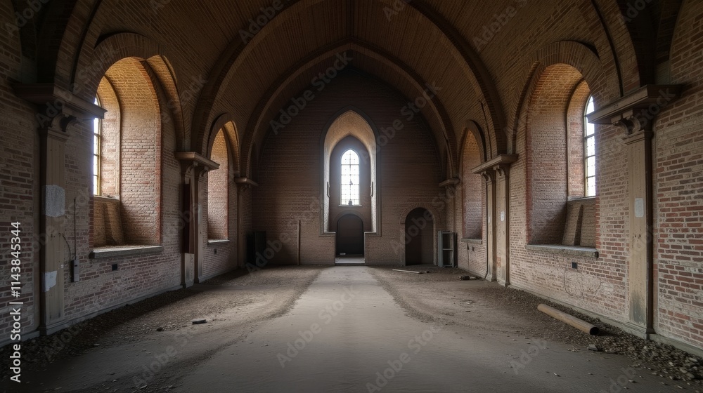Abandoned Church Interior in Latvia with Old Brick Walls and Window Arches Abandoned Church Interior in Latvia with Old Brick Walls and Window Arches