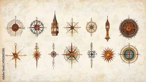 Vintage Compass Collection: A captivating collection of 12 vintage compass illustrations, each with a unique design and intricate details, perfect for adding a touch of nautical charm to any project.