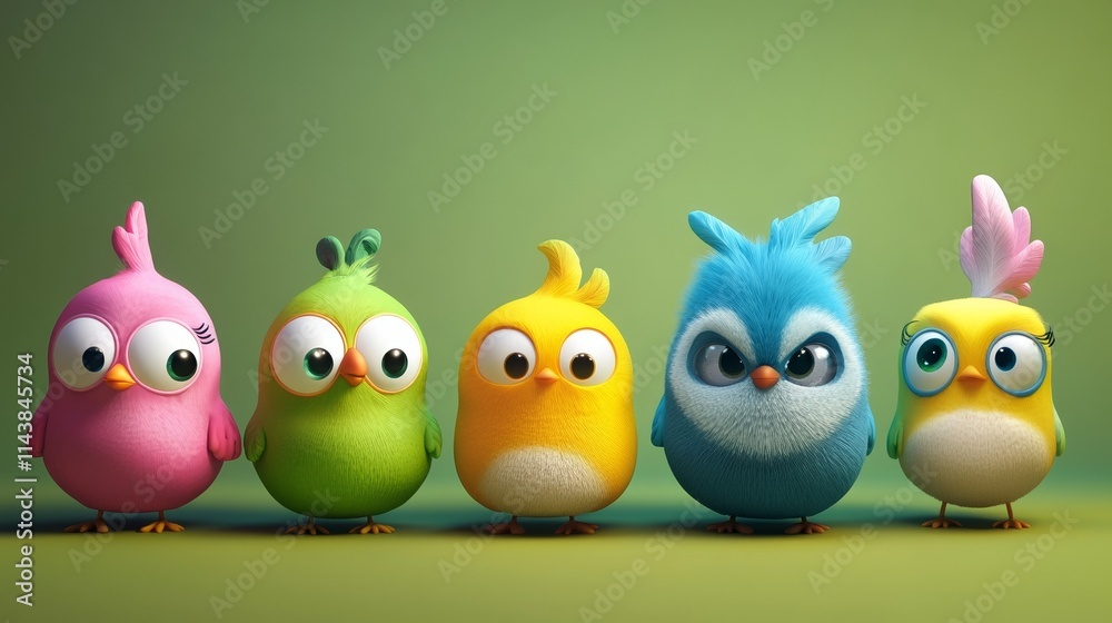 Fototapeta premium Set of 3D Cute Bird Characters in Vibrant Colors on Light Background for Playful Whimsical Design