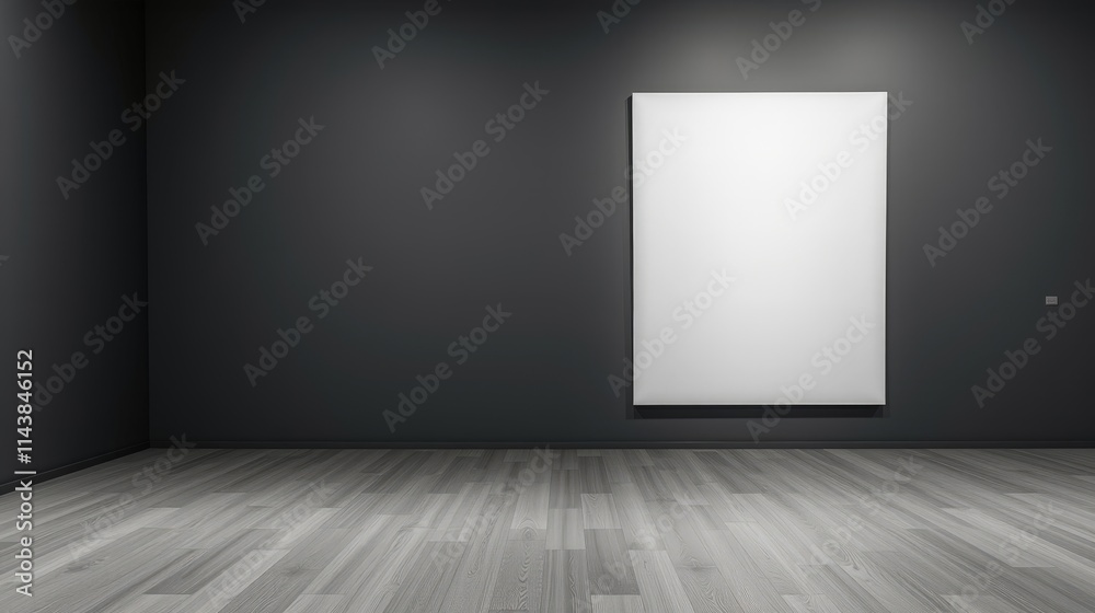 Minimalist Gallery Interior Featuring a Large White Canvas on a Dark Wall Minimalist Gallery Interior Featuring a Large White Canvas on a Dark Wall