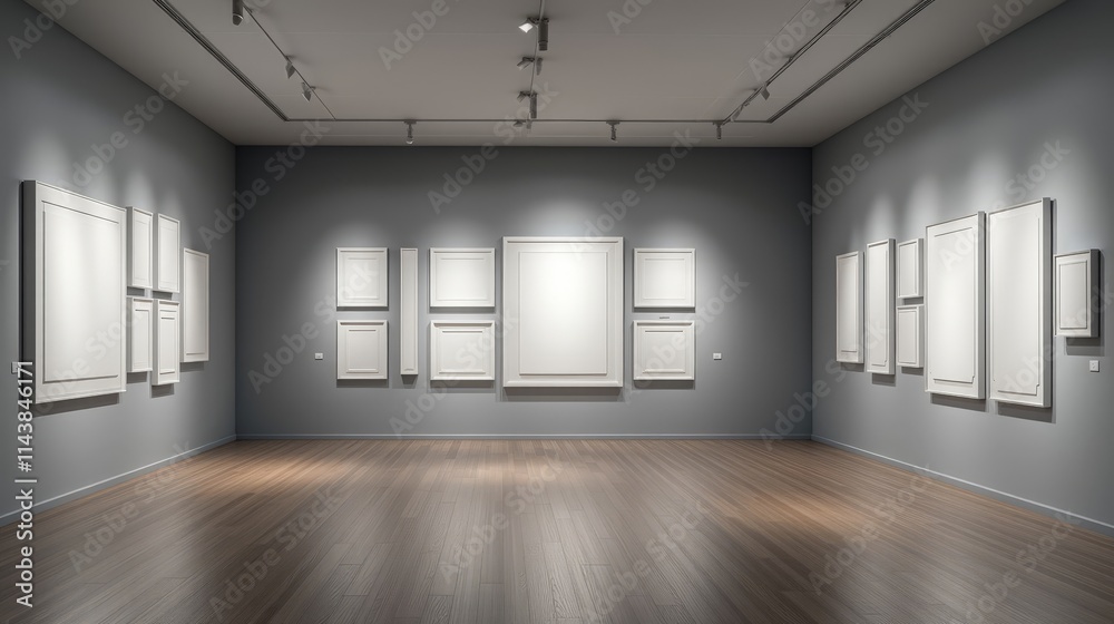 Modern Art Gallery Interior with Blank Frames and Grey Walls Showcasing Minimalism Modern Art Gallery Interior with Blank Frames and Grey Walls Showcasing Minimalism