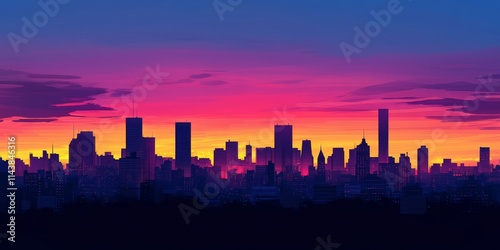 Panorama of a skyline at dusk, showcasing stunning architectural silhouettes and vibrant colors. This captivating skyline panorama highlights the beauty of dusk in urban landscapes.