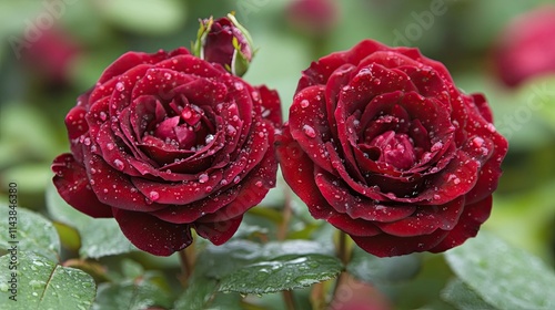 Close-up dark red roses water droplets petals leaves highlighting beauty delicate nature roses symbolizing romance love natural beauty floral photography photo