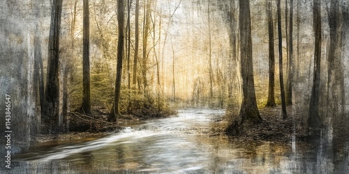 Abstract representation of forest trees alongside a flowing stream, capturing the essence of nature s beauty through an artistic interpretation of forest trees and water elements.