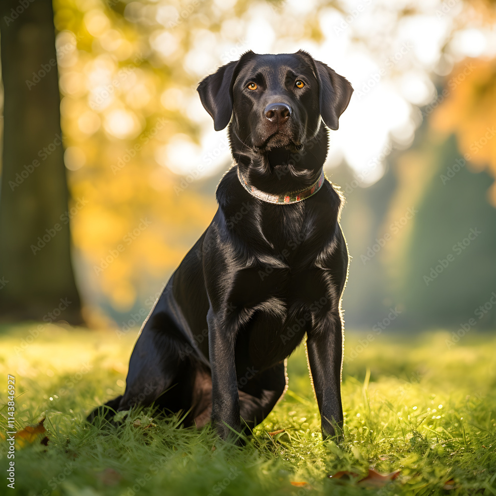 Black Dog Showcasing its Sleek Shiny Fur Amidst Lush Greenery - Harmony of Nature and Animal Life Black Dog Showcasing its Sleek Shiny Fur Amidst Lush Greenery - Harmony of Nature and Animal Life