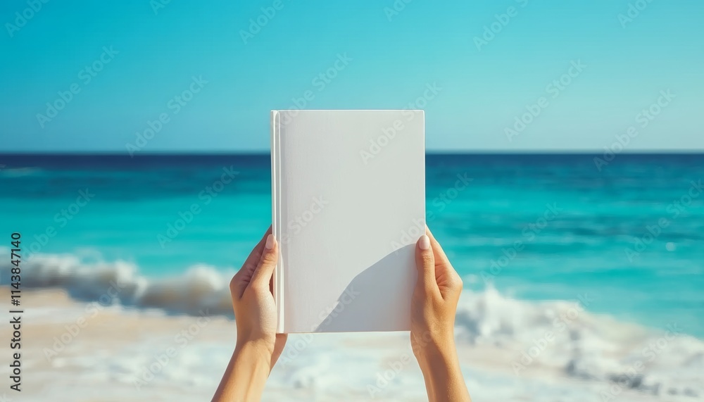 People Hands Holding a White Booklet Over Clear Blue Ocean Background People Hands Holding a White Booklet Over Clear Blue Ocean Background