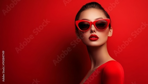 Elegant Woman with Red Sunglasses Bright Red Lips Posing