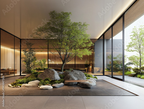 Zen Garden Sanctuary:  A serene and minimalist interior design concept featuring a lush,  zen garden with a tree, stones, and a wooden bench. This tranquil space offers a sense of peace and harmony. photo