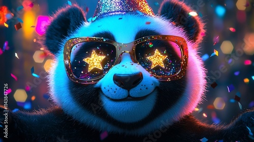 Cheerful and playful cartoon panda character wearing an oversized star shaped party hat with the year 2025 marked on it surrounded by falling colorful confetti  The image has a festive photo