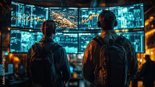 Two individuals analyzing data on multiple screens.