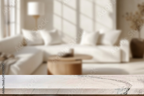 Empty marble top table with blurred living room interior Background. for product display.