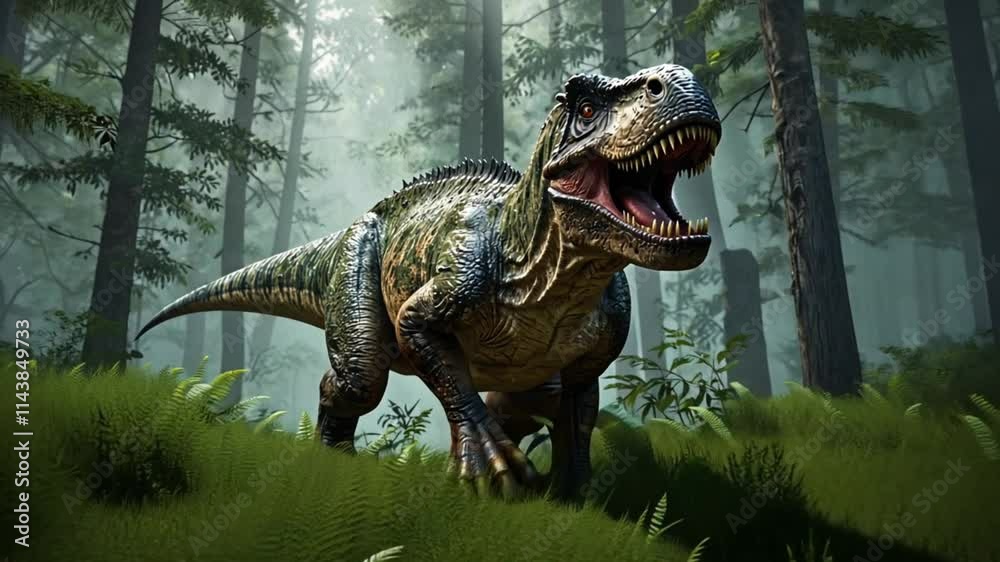 a t rex dinosaur is in the jungle close up