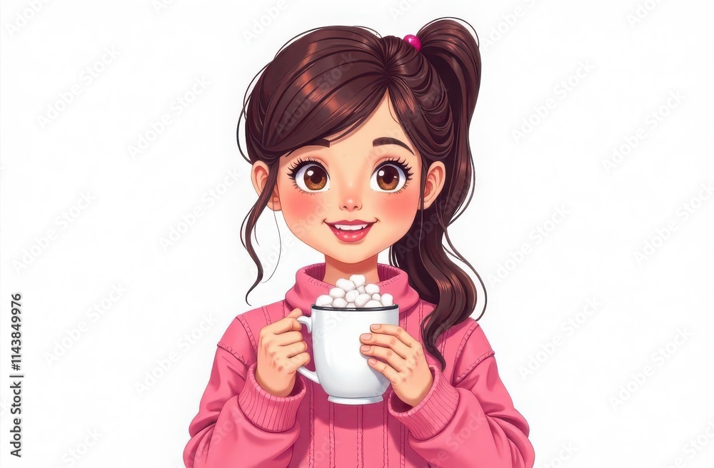 Girl holding Her Cup Of Coffee or hot chocolate with marshmallow. cacao or hot chocolate drink illustration on white background Girl holding Her Cup Of Coffee or hot chocolate with marshmallow. cacao or hot chocolate drink illustration on white background