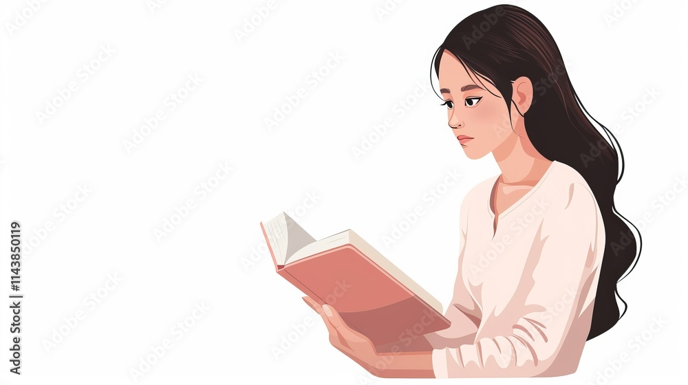 Woman reading a book with focus and contemplation. Woman reading a book with focus and contemplation.