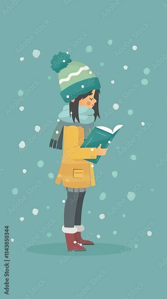 Winter girl reading: cozy illustration of a child with book among falling snowflakes. Winter girl reading: cozy illustration of a child with book among falling snowflakes.