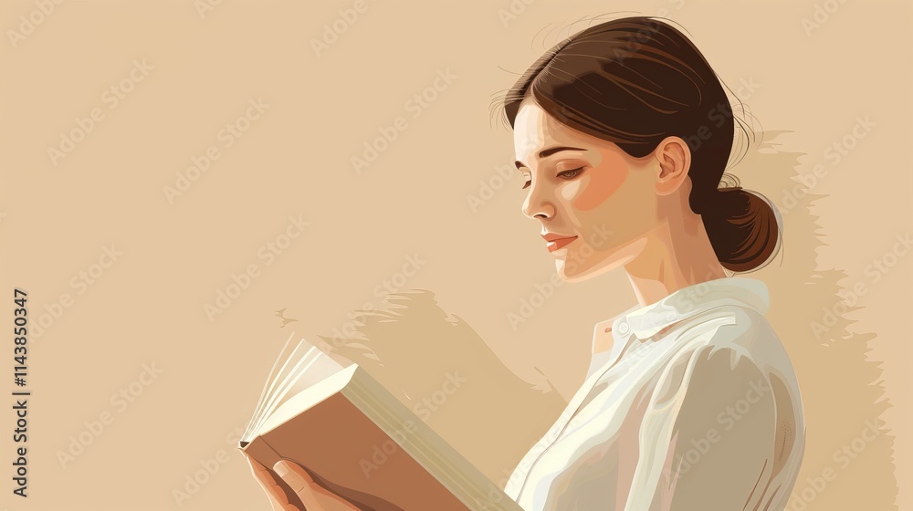 Woman reading book in minimalist art style illustration. Woman reading book in minimalist art style illustration.