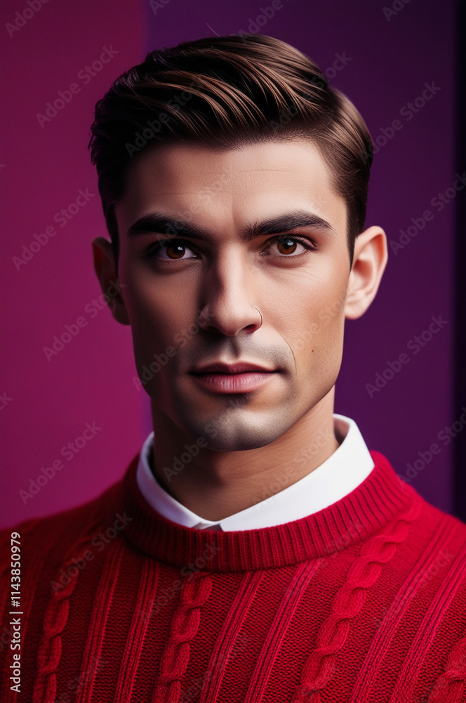 photo attractive guy self confidently wearing red knitwear sweater isolated purple background photo attractive guy self confidently wearing red knitwear sweater isolated purple background