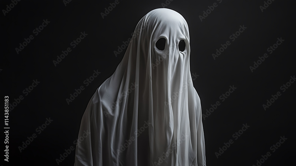 White Ghost Isolated On Black Background With Space For Text White Ghost Isolated On Black Background With Space For Text