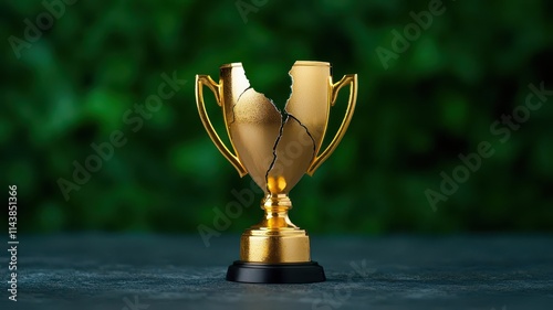 3D Cracked trophy on a pedestal, symbolizing broken dreams, failure in competition, and the pursuit of success despite setbacks