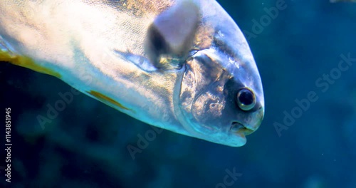 Trachinotus falcatus in a huge aquarium with discus fish breathing heavily on a blue background photo