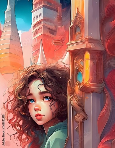 Watercolor Style: Cute Woman with Curly Hair in Twilight Beauty photo