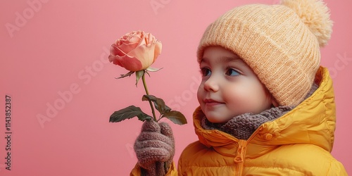 Child boy in winter clothing holding rose indoor setting portrait