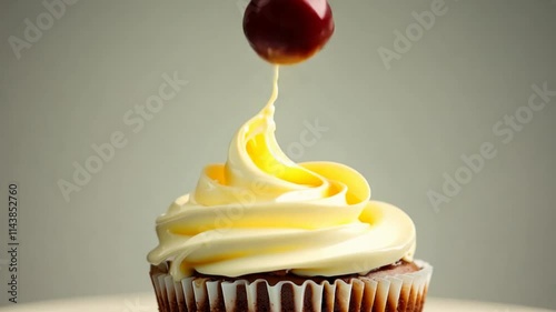 Cream and cherry falling pouring on a cupcake
