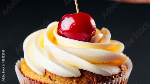 Decorating a delicious cupcake with a red cherry topping