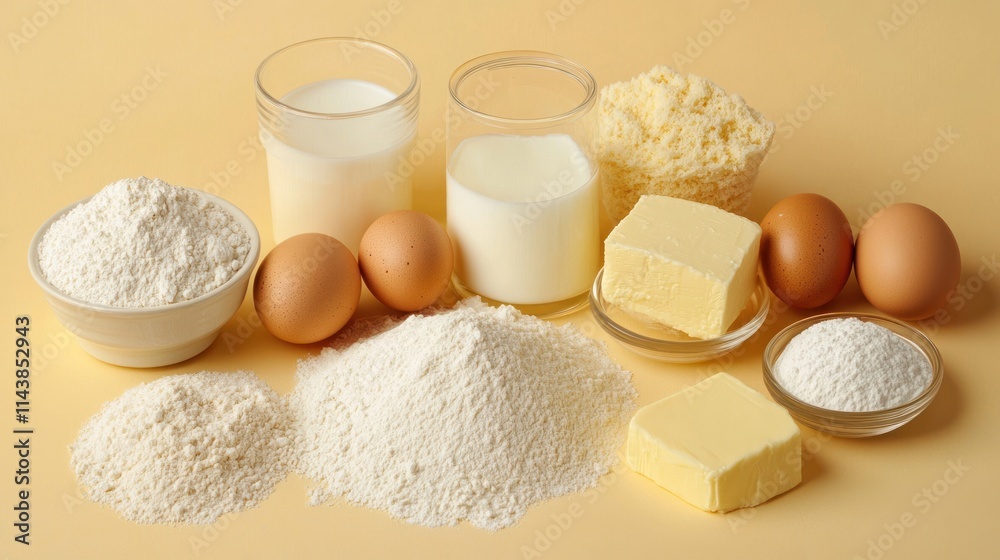 Baking ingredients flour, milk, eggs, butter, cheese. Baking ingredients flour, milk, eggs, butter, cheese.