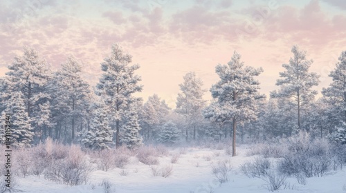 Snowy pine forest at dawn, light dusting of fresh snow on trees, soft pink and blue sky, serene and peaceful winter landscape, untouched by humans