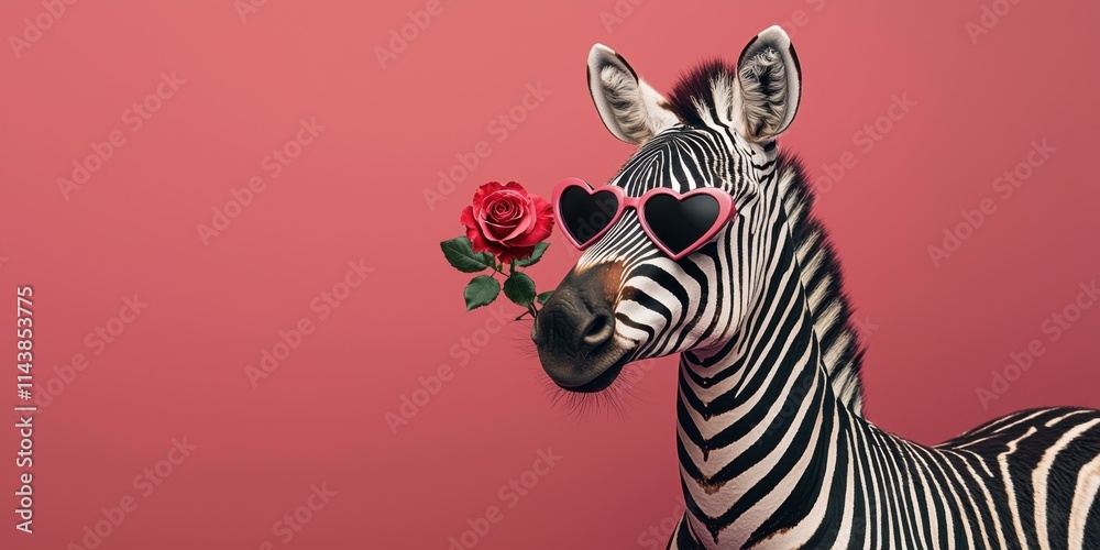 Zebra in heart-shaped sunglasses with rose studio fun concept Zebra in heart-shaped sunglasses with rose studio fun concept