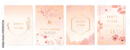 Elegant wedding invitation card background vector. Minimal hand painted pink and peach watercolor botanical flowers texture. Design illustration for wedding, vip cover, poster, rsvp modern card.