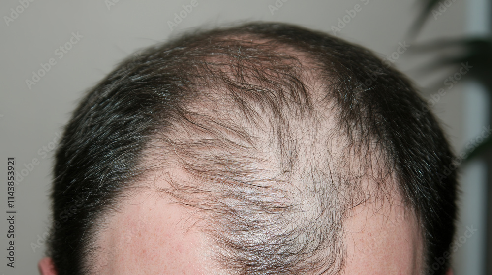 Person examining thinning hair in mirror, reflecting on aging and self-care. Embracing natural changes and prioritizing health and well-being.