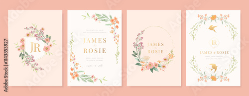 Elegant wedding invitation card background vector. Minimal hand painted pink and peach watercolor botanical flowers texture. Design illustration for wedding, vip cover, poster, rsvp modern card.