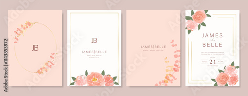 Elegant wedding invitation card background vector. Minimal hand painted pink and peach watercolor botanical flowers texture. Design illustration for wedding, vip cover, poster, rsvp modern card.