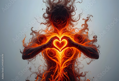 Abstract Figure Made Of Swirling Fire, Their Hands Forming a Radiant Heart Shape, Valentines Concept Art