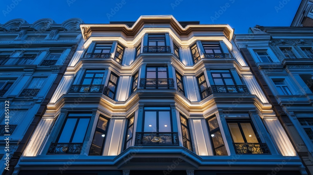 Obraz premium A beautifully illuminated building facade at dusk, showcasing architectural design.