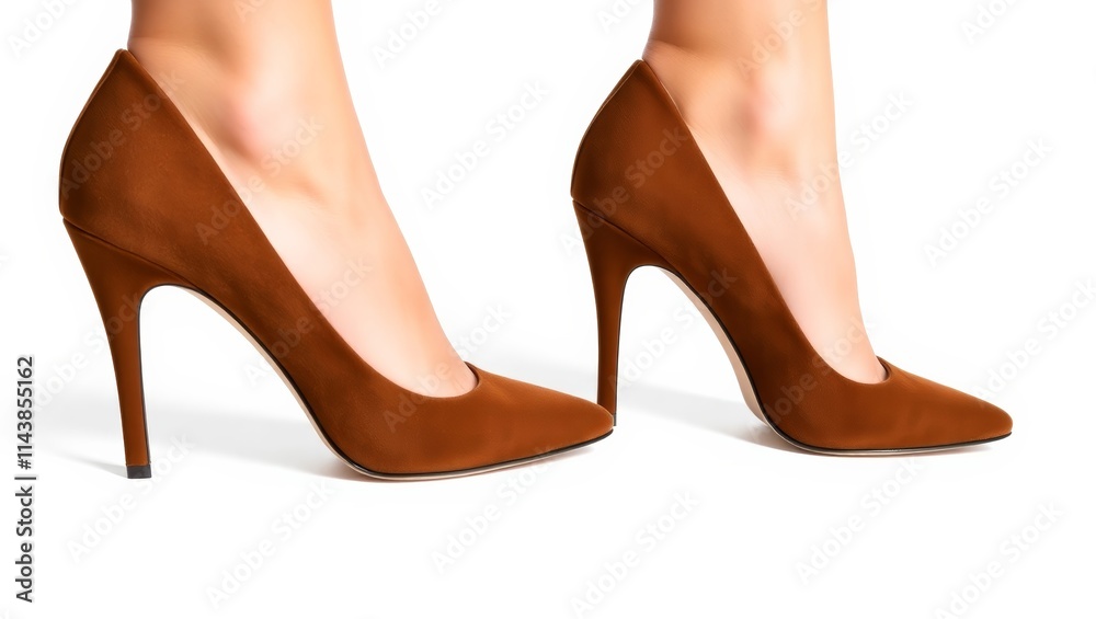 Woman wearing elegant mocha mousse high heels shoes on white background Woman wearing elegant mocha mousse high heels shoes on white background