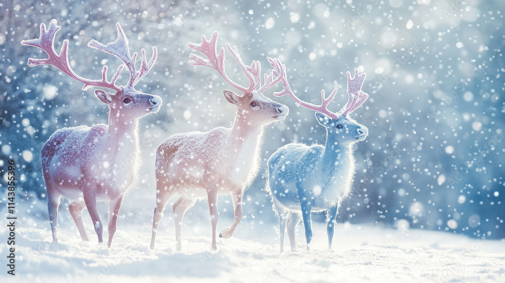 Three deer are standing in the snow, with one of them being pink Three deer are standing in the snow, with one of them being pink