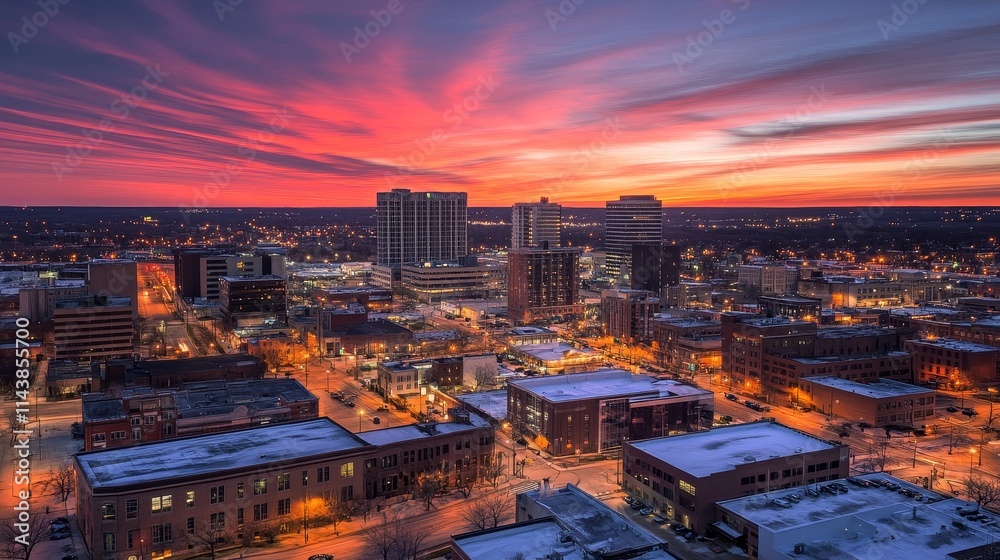 Obraz premium A vibrant sunset over a city, backgroundscape, highlighting buildings and streets illuminated by lights.
