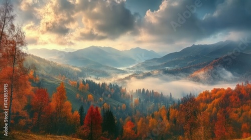 Majestic autumn sunrise over fog-covered mountain valley with vibrant fall foliage.